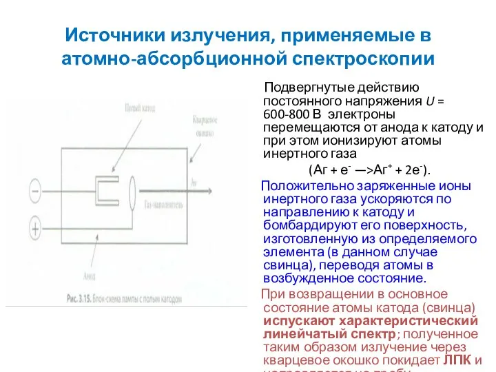 Источники излучения, применяемые в атомно-абсорбционной спектроскопии Подвергнутые действию постоянного напряжения U