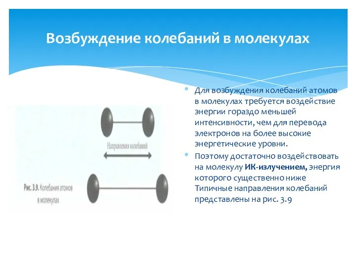 Возбуждение колебаний в молекулах Для возбуждения колебаний атомов в молекулах требуется