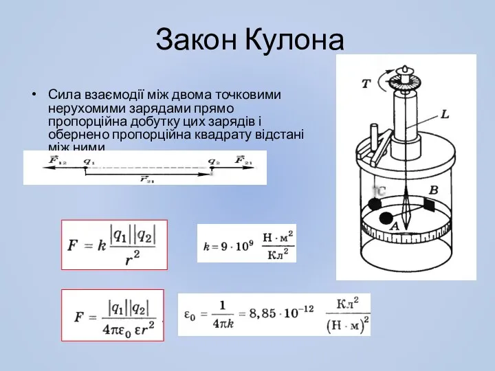 Закон Кулона Сила взаємодії між двома точковими нерухомими зарядами прямо пропорційна