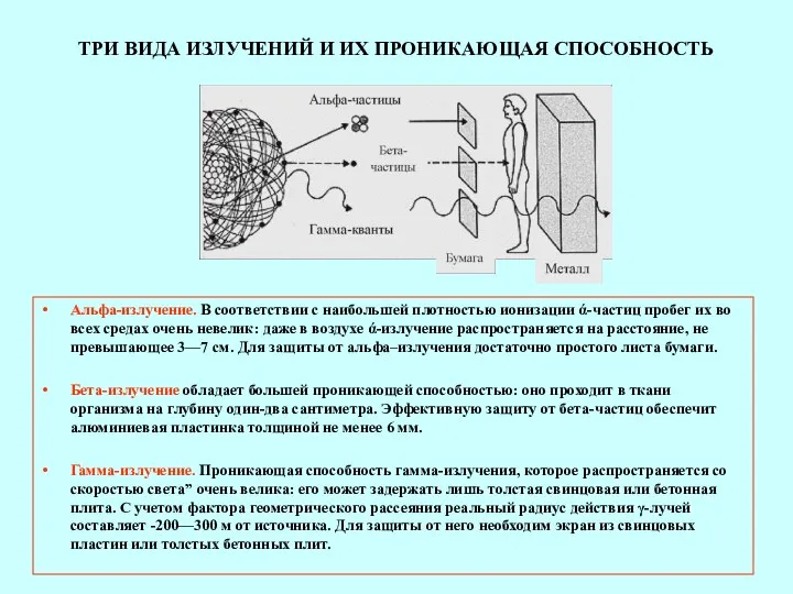 ТРИ ВИДА ИЗЛУЧЕНИЙ И ИХ ПРОНИКАЮЩАЯ СПОСОБНОСТЬ Альфа-излучение. В соответствии с