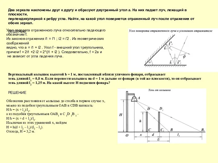Два зеркала наклонены друг к другу и образуют двугранный угол a.