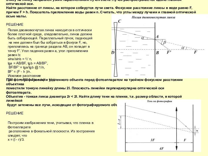 Снизу на линзу направлен узкий параллельный пучок света. Пучок распространяется вдоль
