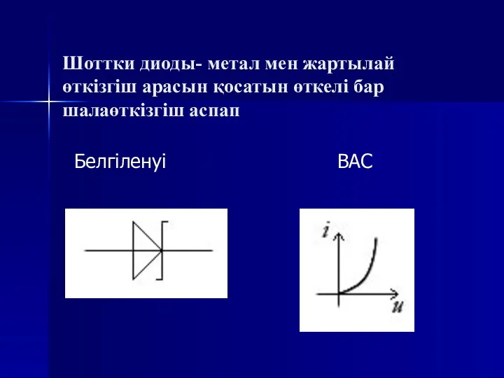 Шоттки диоды- метал мен жартылай өткізгіш арасын қосатын өткелі бар шалаөткізгіш аспап Белгіленуі ВАС