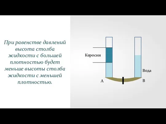 Керосин Вода А B При равенстве давлений высота столба жидкости с