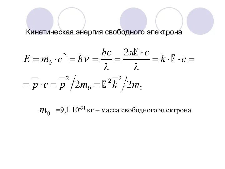 Кинетическая энергия свободного электрона =9,1 10-31 кг – масса свободного электрона