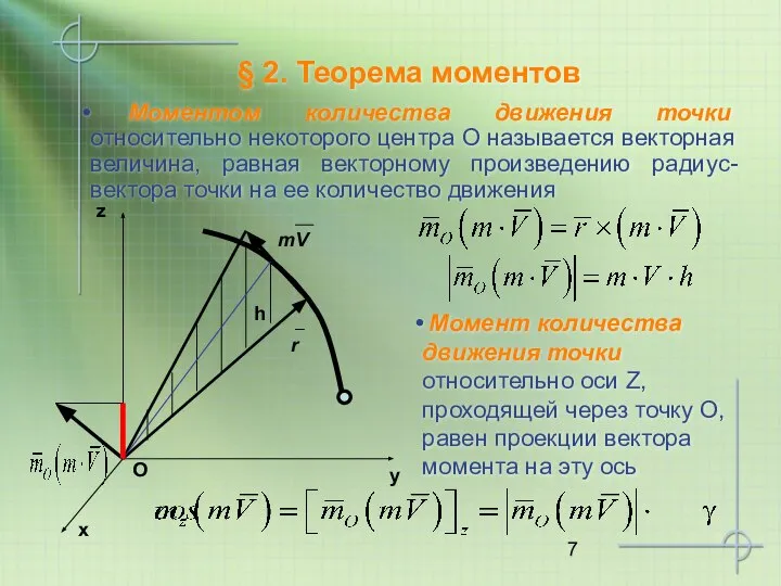 § 2. Теорема моментов Моментом количества движения точки относительно некоторого центра