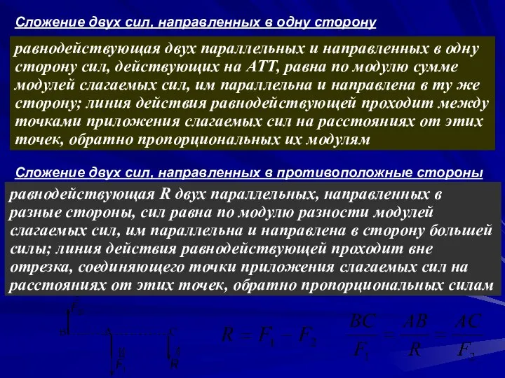 равнодействующая двух параллельных и направленных в одну сторону сил, действующих на