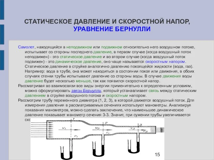 СТАТИЧЕСКОЕ ДАВЛЕНИЕ И СКОРОСТНОЙ НАПОР, УРАВНЕНИЕ БЕРНУЛЛИ Самолет, находящийся в неподвижном