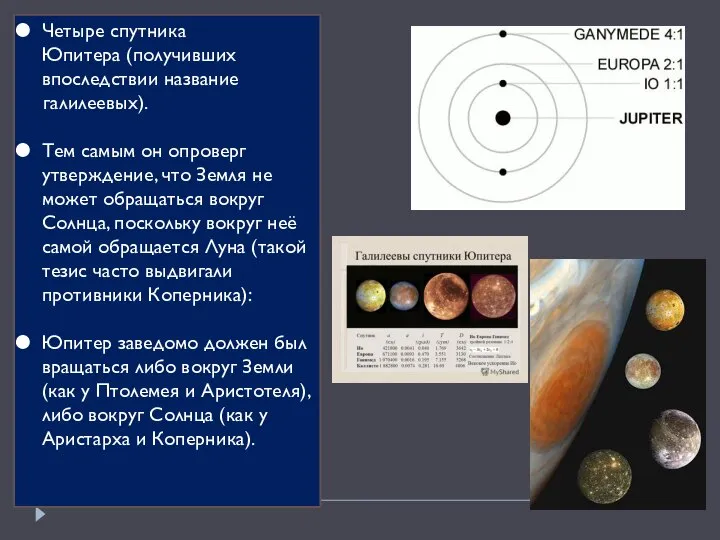 Четыре спутника Юпитера (получивших впоследствии название галилеевых). Тем самым он опроверг