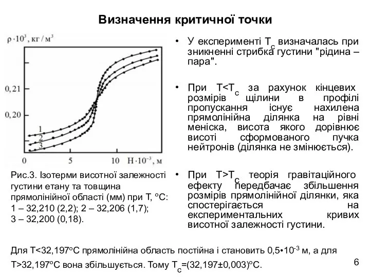 Визначення критичної точки У експерименті Tc визначалась при зникненні стрибка густини