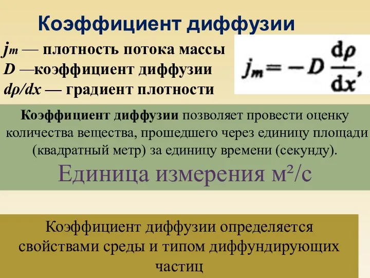 Коэффициент диффузии ( jm — плотность потока массы D —коэффициент диффузии