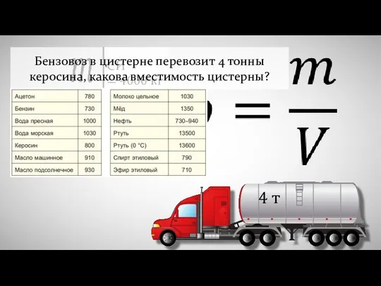 СИ = 4000 кг 4 т Бензовоз в цистерне перевозит 4 тонны керосина, какова вместимость цистерны?