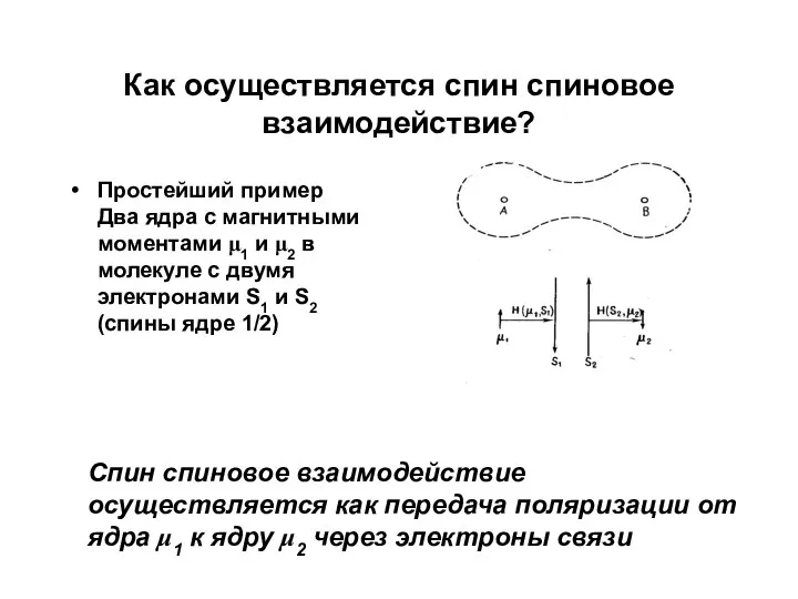 Как осуществляется спин спиновое взаимодействие? Простейший пример Два ядра с магнитными