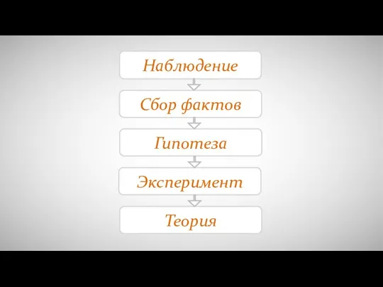 Наблюдение Сбор фактов Гипотеза Эксперимент Теория