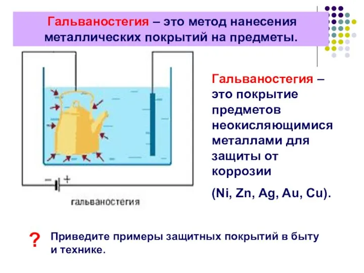 Гальваностегия – это метод нанесения металлических покрытий на предметы. Гальваностегия –