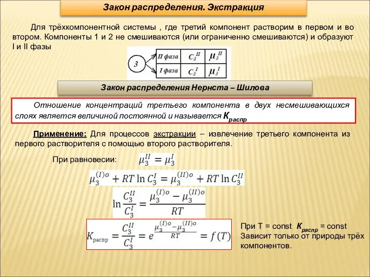 Закон распределения. Экстракция Для трёхкомпонентной системы , где третий компонент растворим