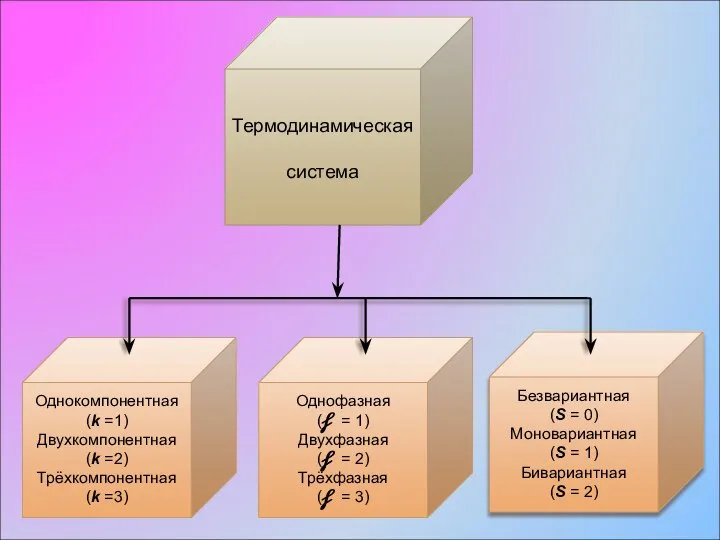 Термодинамическая система Однокомпонентная (k =1) Двухкомпонентная (k =2) Трёхкомпонентная (k =3)