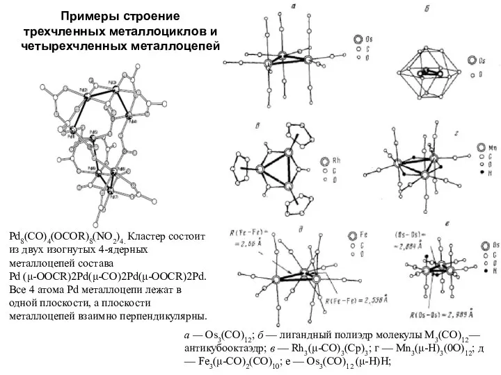 Примеры строение трехчленных металлоциклов и четырехчленных металлоцепей a — Os3(CO)12; б