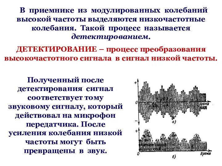 В приемнике из модулированных колебаний высокой частоты выделяются низкочастотные колебания. Такой