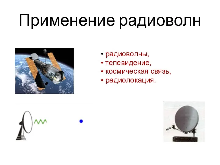 Применение радиоволн радиоволны, телевидение, космическая связь, радиолокация.