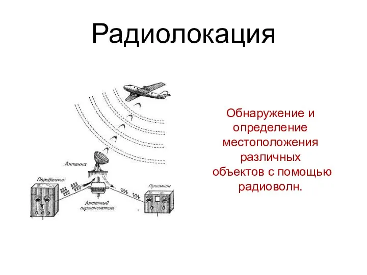 Радиолокация Обнаружение и определение местоположения различных объектов с помощью радиоволн.