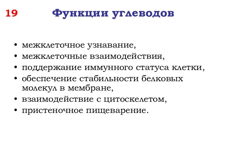 19 Функции углеводов межклеточное узнавание, межклеточные взаимодействия, поддержание иммунного статуса клетки,