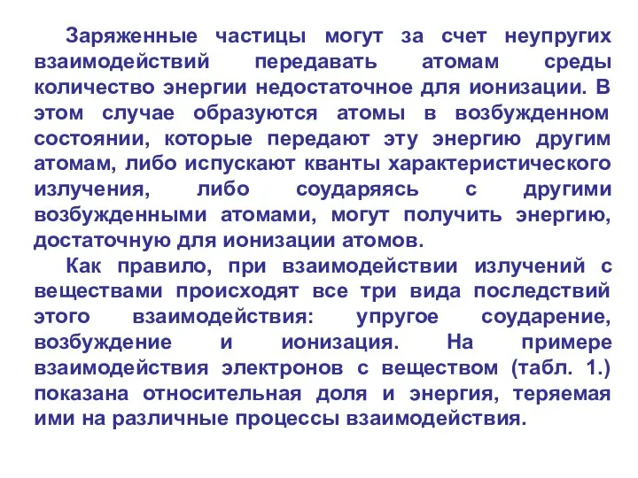 Заряженные частицы могут за счет неупругих взаимодействий передавать атомам среды количество