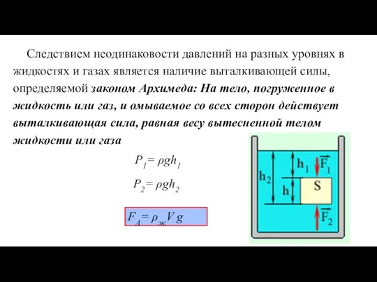 Следствием неодинаковости давлений на разных уровнях в жидкостях и газах является