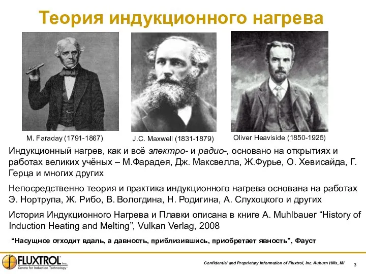 Теория индукционного нагрева Oliver Heaviside (1850-1925) M. Faraday (1791-1867) J.C. Maxwell