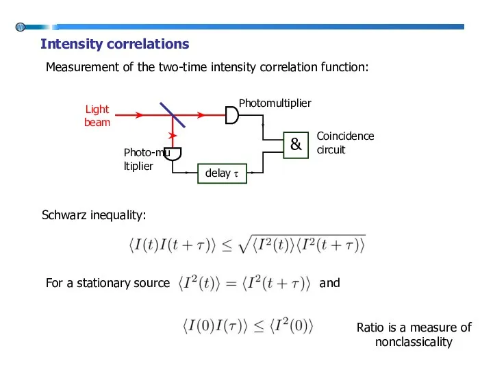 Intensity correlations Measurement of the two-time intensity correlation function: Schwarz inequality: