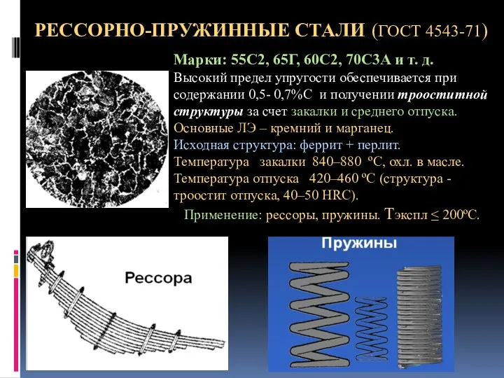 РЕССОРНО-ПРУЖИННЫЕ СТАЛИ (ГОСТ 4543-71) Марки: 55С2, 65Г, 60С2, 70С3А и т.