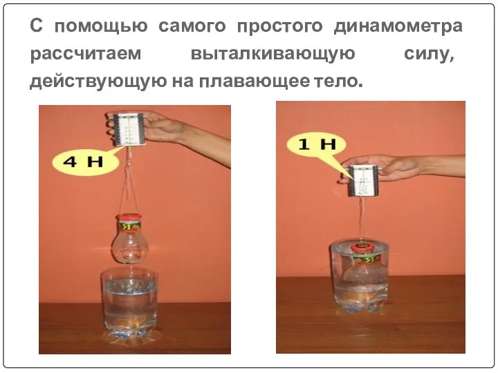 С помощью самого простого динамометра рассчитаем выталкивающую силу, действующую на плавающее тело.