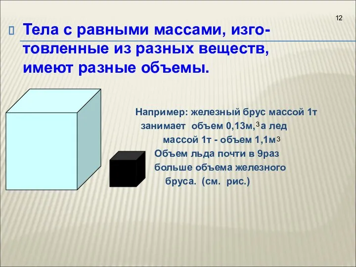 Тела с равными массами, изго-товленные из разных веществ, имеют разные объемы.