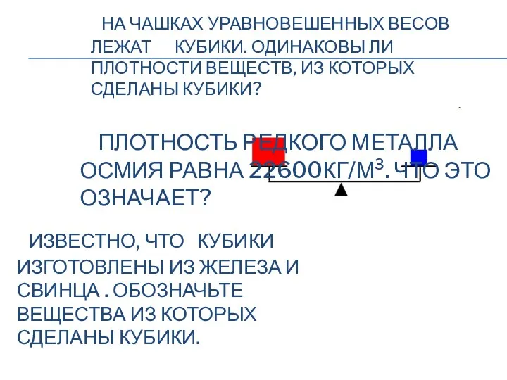 НА ЧАШКАХ УРАВНОВЕШЕННЫХ ВЕСОВ ЛЕЖАТ КУБИКИ. ОДИНАКОВЫ ЛИ ПЛОТНОСТИ ВЕЩЕСТВ, ИЗ