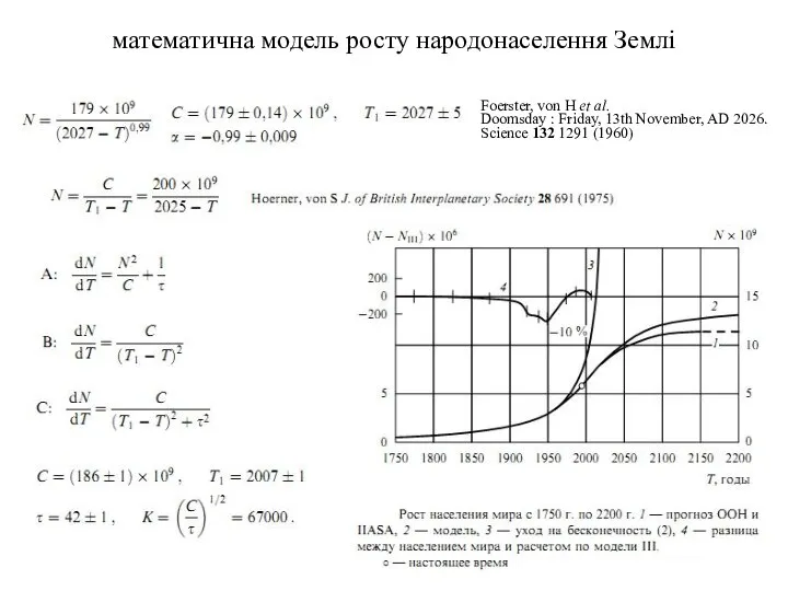 математична модель росту народонаселення Землі Foerster, von H et al. Doomsday