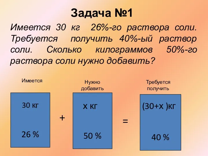 Задача №1 Имеется 30 кг 26%-го раствора соли. Требуется получить 40%-ый