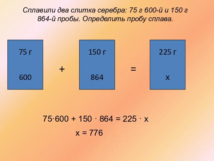 Сплавили два слитка серебра: 75 г 600-й и 150 г 864-й