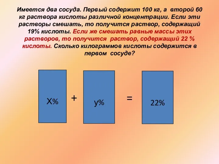 Имеется два сосуда. Первый содержит 100 кг, а второй 60 кг