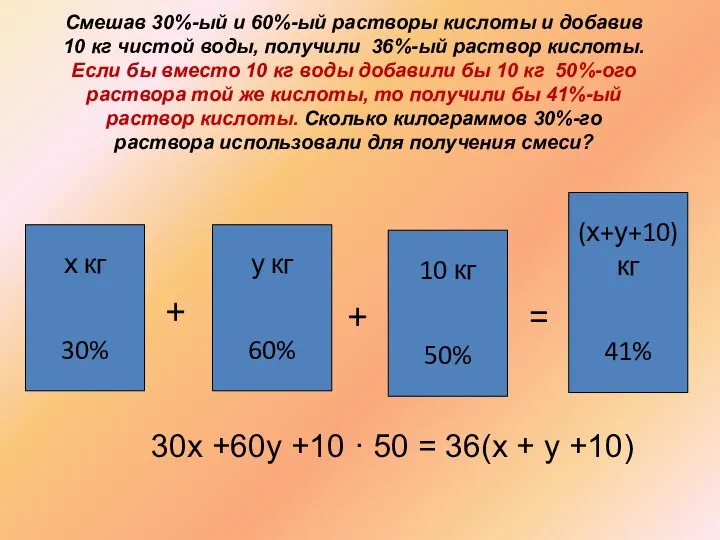 Смешав 30%-ый и 60%-ый растворы кислоты и добавив 10 кг чистой