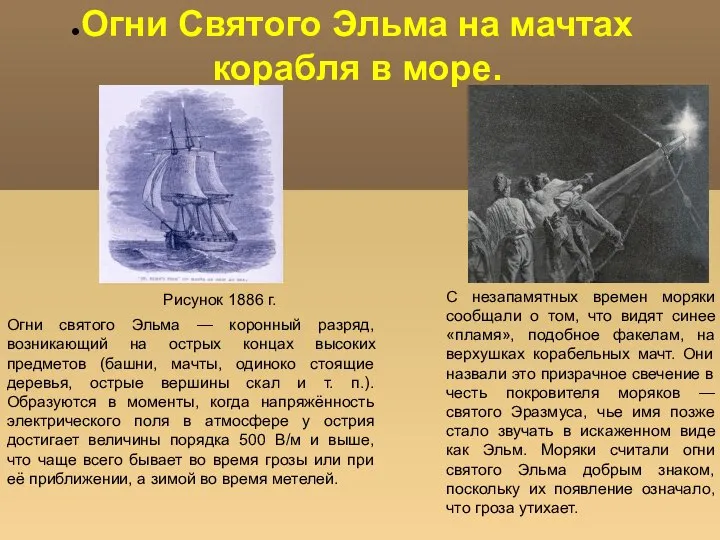 Огни Святого Эльма на мачтах корабля в море. Рисунок 1886 г.