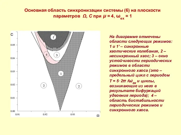 Основная область синхронизации системы (6) на плоскости параметров Ω, C при