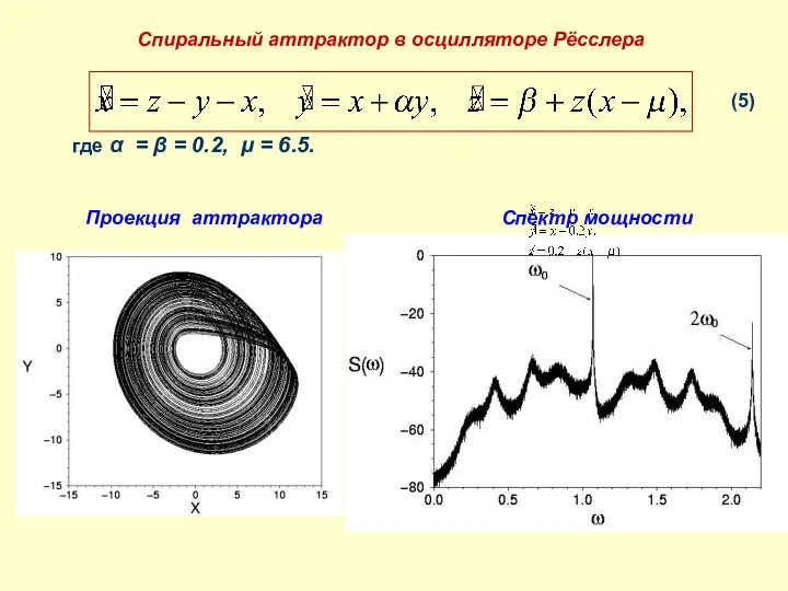 Спиральный аттрактор в осцилляторе Рёсслера где α = β = 0.2,