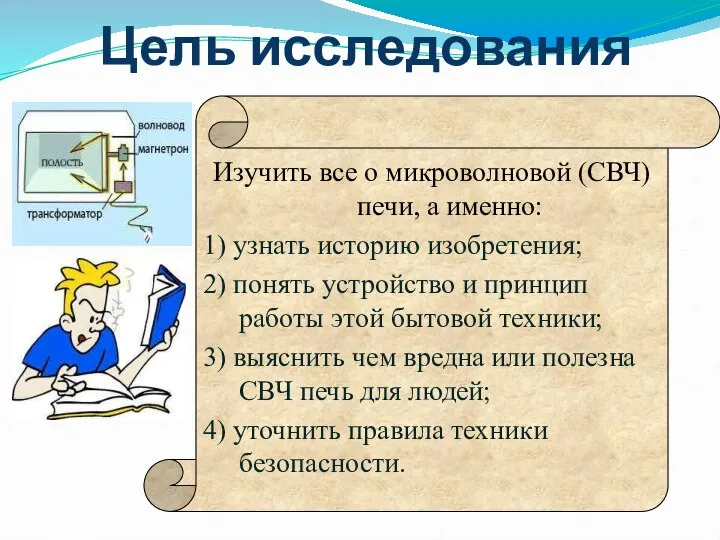 Цель исследования Изучить все о микроволновой (СВЧ) печи, а именно: 1)