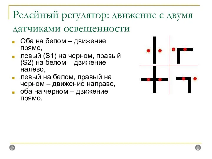 Релейный регулятор: движение с двумя датчиками освещенности Оба на белом –