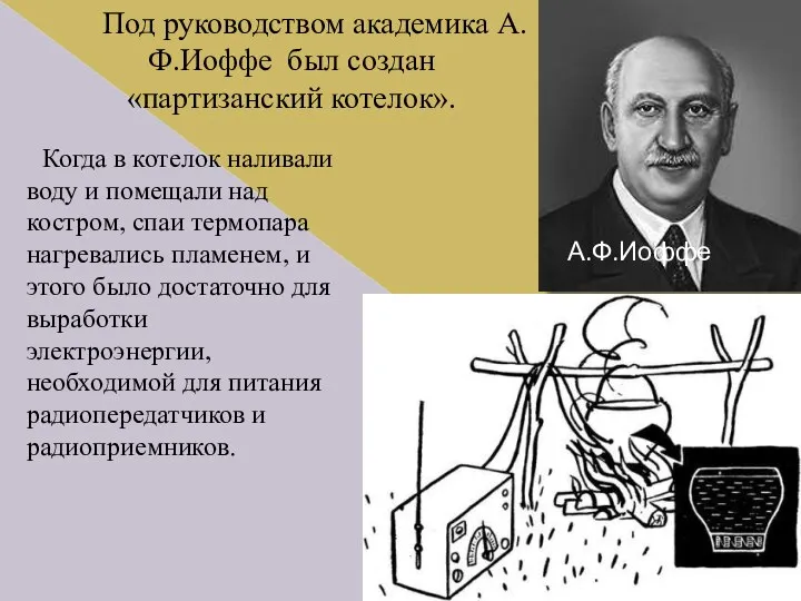 Под руководством академика А.Ф.Иоффе был создан «партизанский котелок». А.Ф.Иоффе Когда в