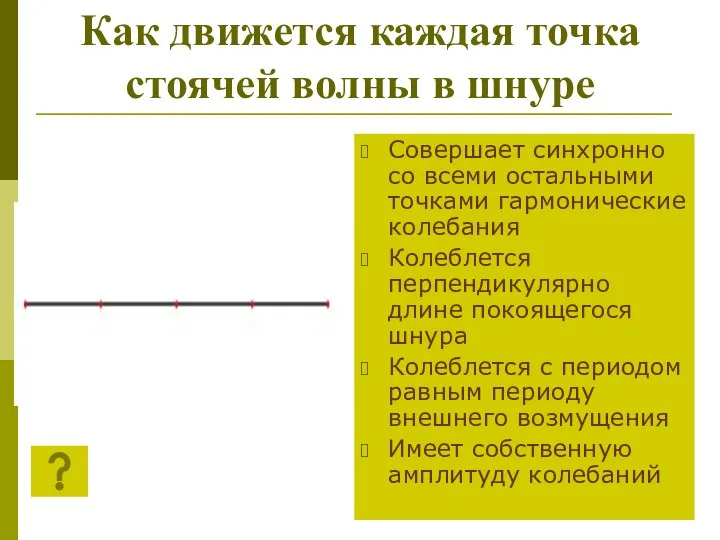 Как движется каждая точка стоячей волны в шнуре Совершает синхронно со