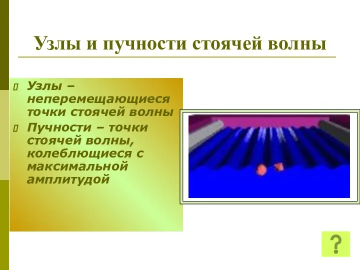 Узлы и пучности стоячей волны Узлы – неперемещающиеся точки стоячей волны