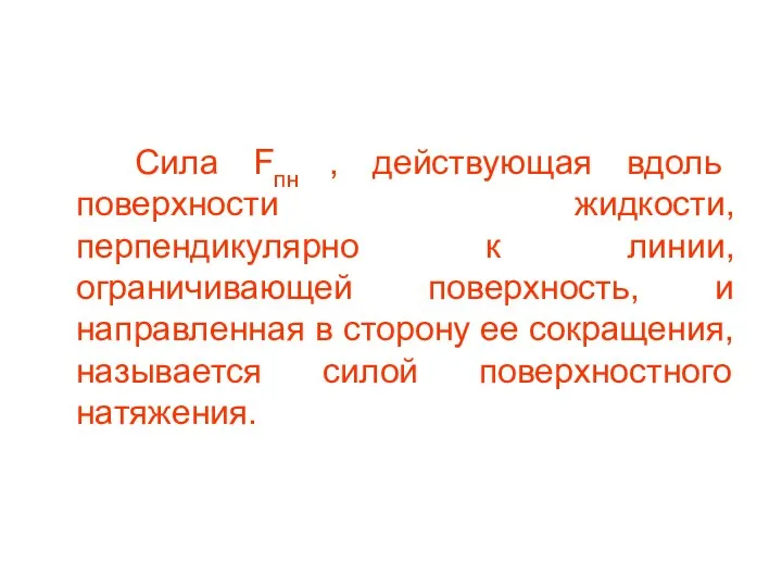 Сила Fпн , действующая вдоль поверхности жидкости, перпендикулярно к линии, ограничивающей