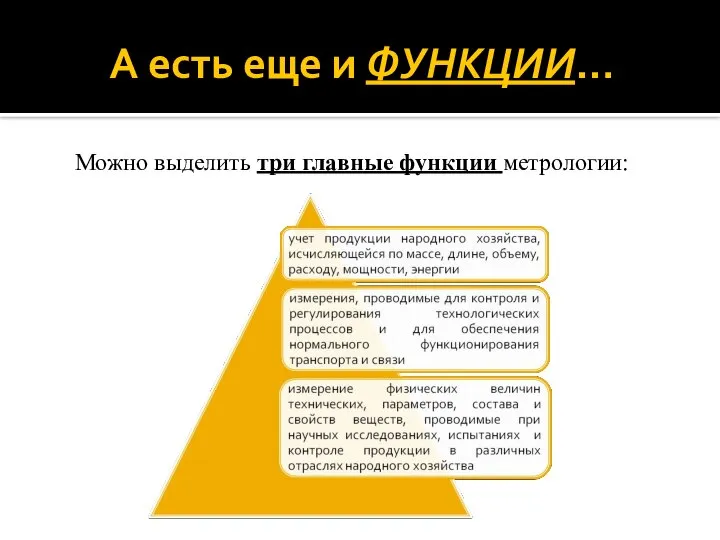 А есть еще и ФУНКЦИИ… Можно выделить три главные функции метрологии: