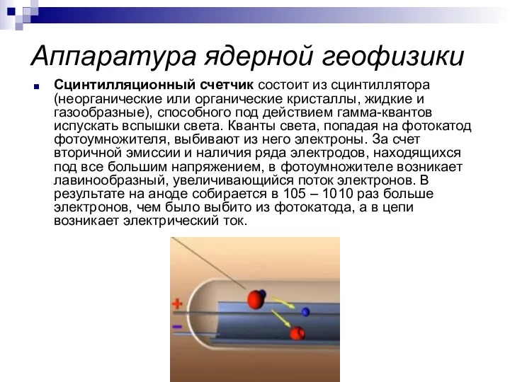 Аппаратура ядерной геофизики Сцинтилляционный счетчик состоит из сцинтиллятора (неорганические или органические